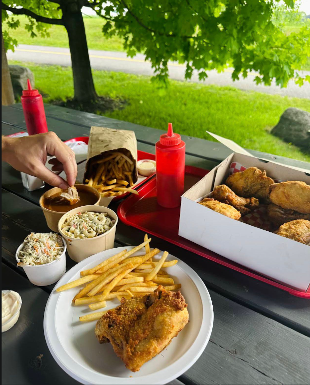 Repas familial sur table de pique-nique